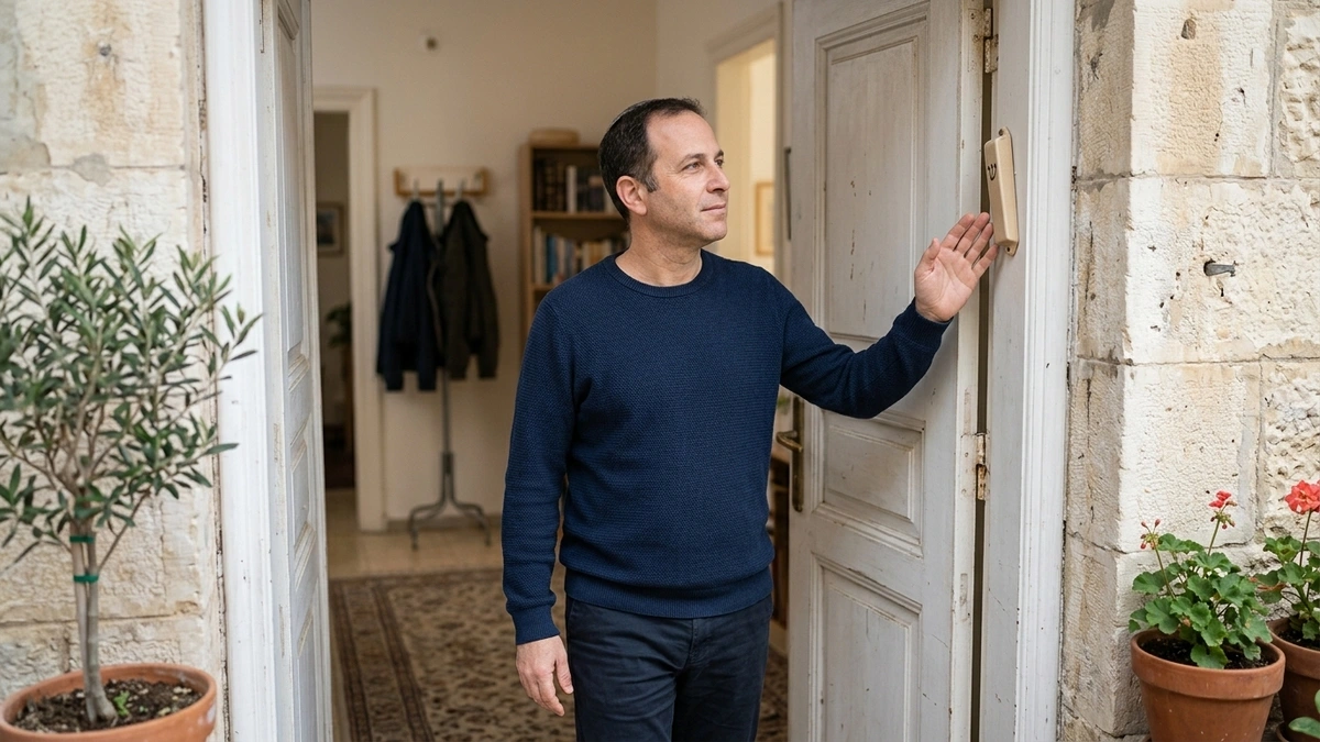 Man wearing a kippah touches the mezuzah case on the doorpost of his Jerusalem stone home as he steps outside, with sefarim and potted plants visible — showing how the daily act of touching a mezuzah strengthens Jewish faith and spiritual connection