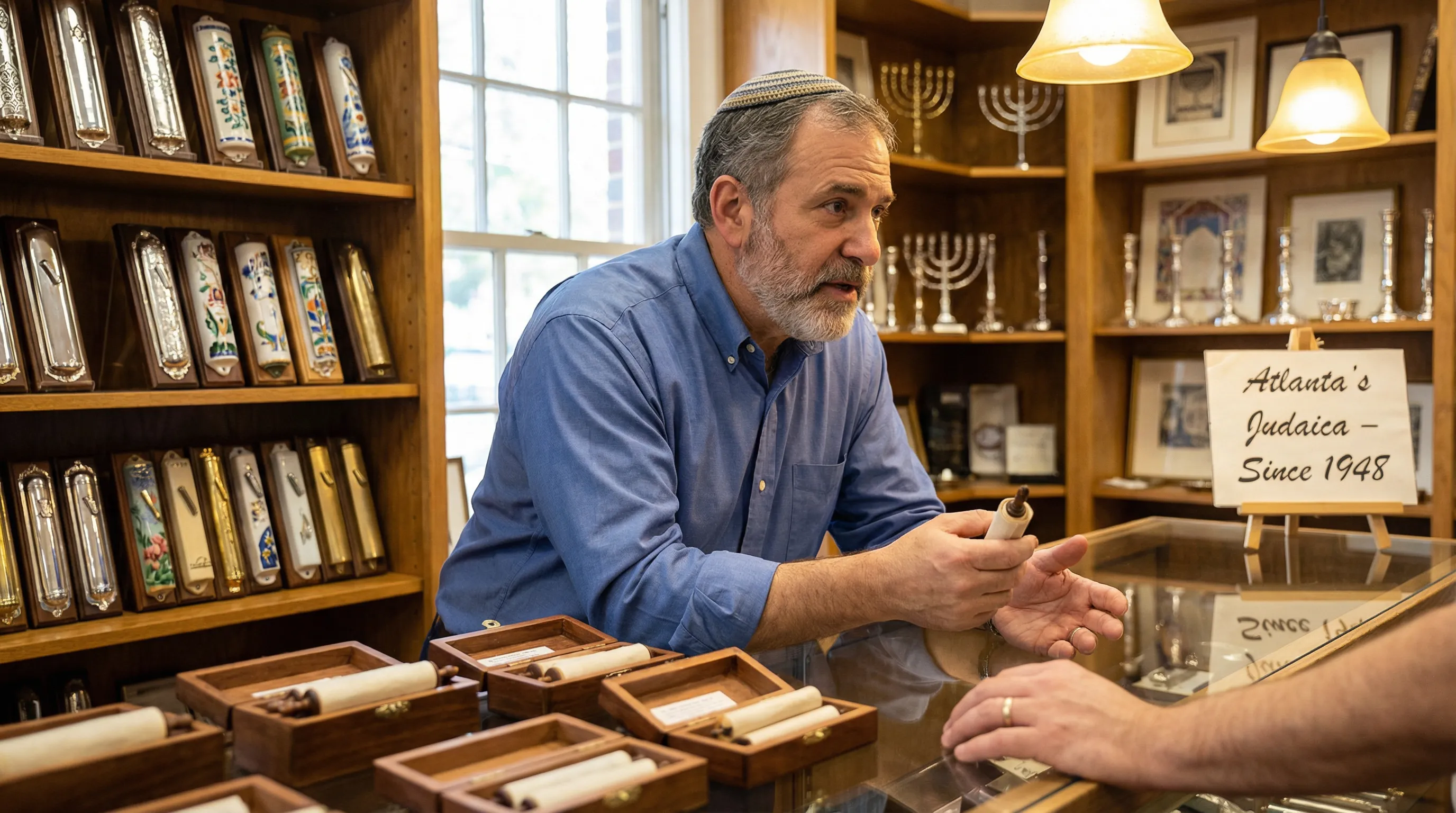 Customer and store associate discussing mezuzah scrolls in an Atlanta Judaica store.