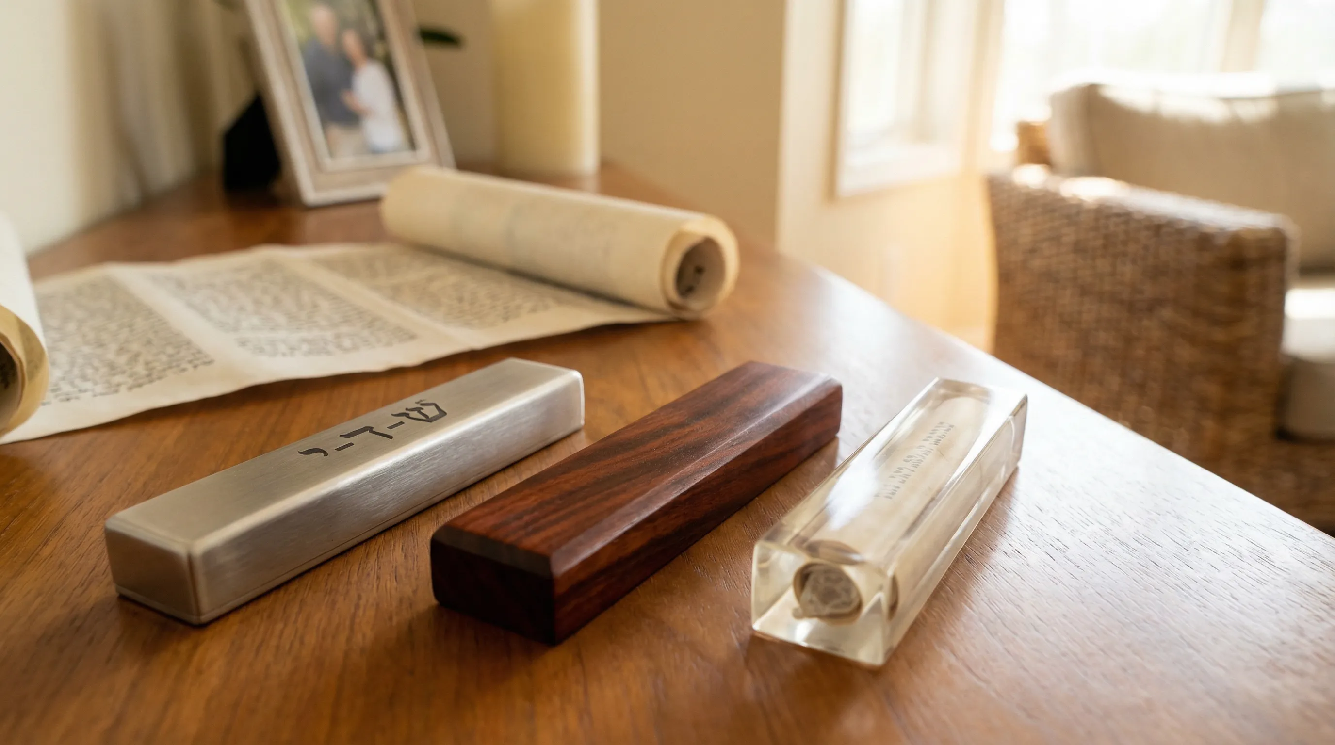 Three decorative mezuzah cases in metal, wood, and sealed resin displayed on a wooden table.