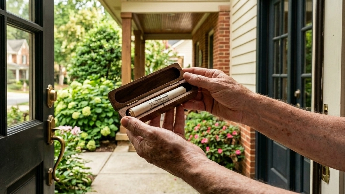 Elderly hands holding open a wooden mezuzah case with a kosher scroll on the front porch of an Atlanta home