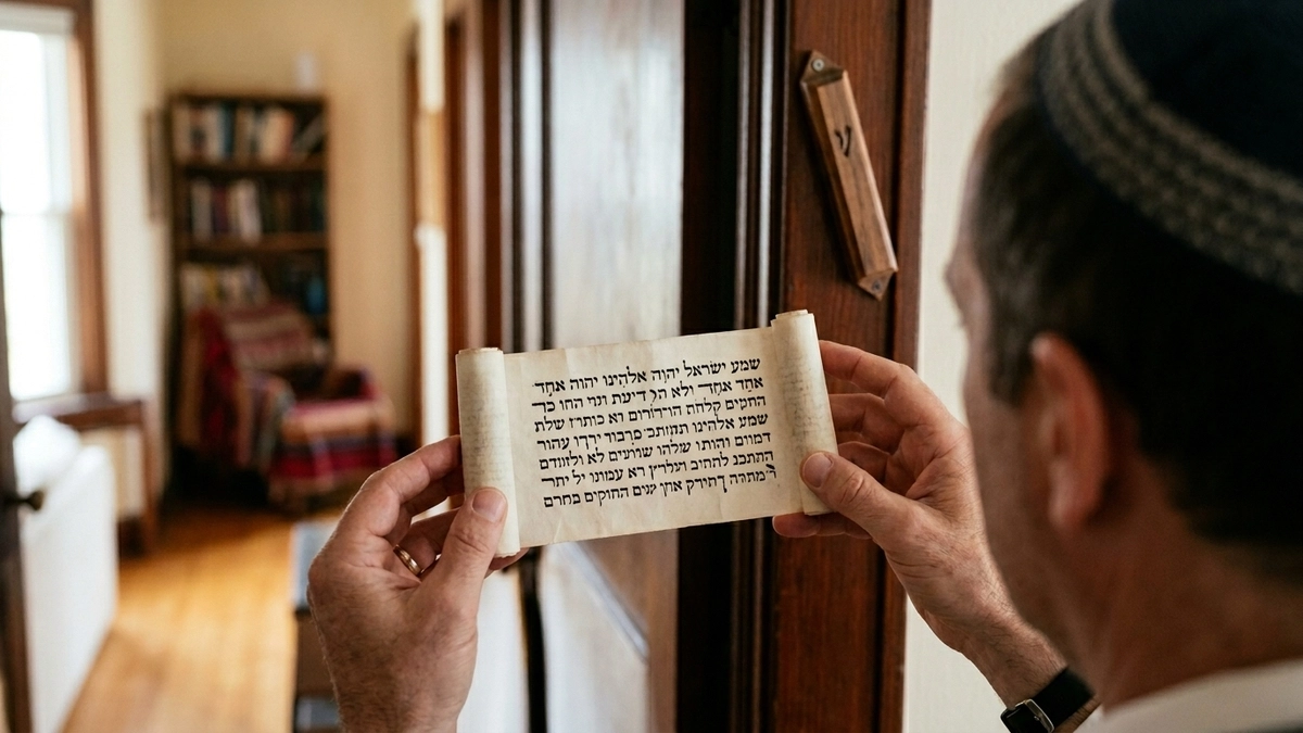 wish man holding an open mezuzah scroll near a doorpost, examining the Hebrew letters for signs of damage such as missing or cracked letters that would render the mezuzah pasul (invalid)