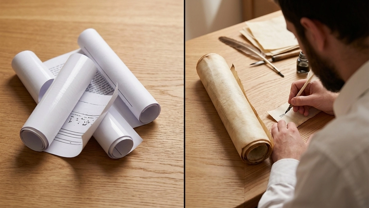 Side-by-side comparison showing printed fake mezuzah scrolls on white paper stacked on a table next to a sofer writing a genuine mezuzah scroll by hand with a quill and ink on parchment