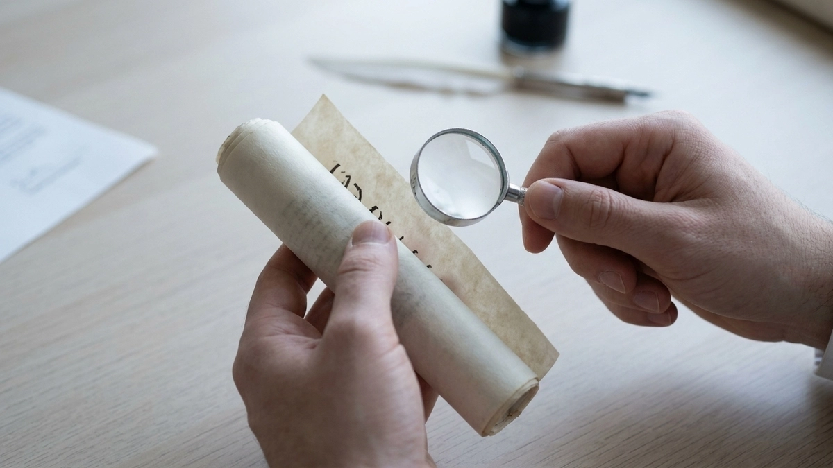 Hands holding a partially unrolled mezuzah scroll and inspecting it with a small magnifying glass over a clean workspace with an ink bottle and quill in the background