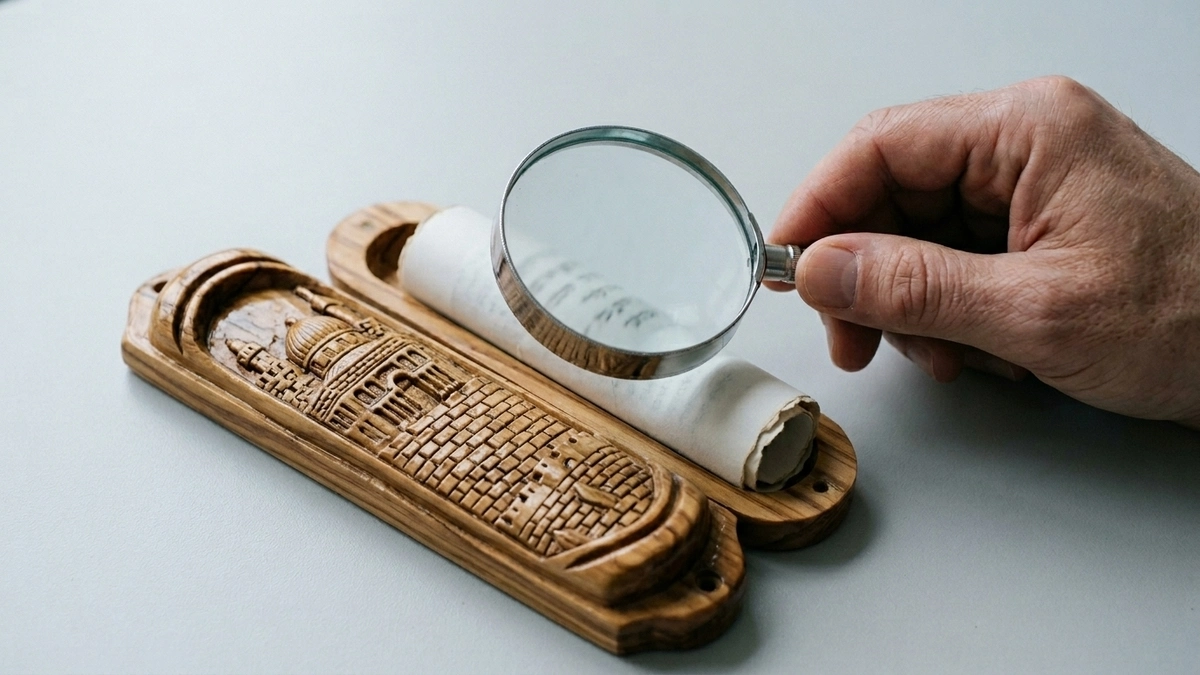 Hand holding a magnifying glass to inspect a mezuzah scroll partially removed from a carved olive wood Jerusalem-style souvenir mezuzah case on a clean surface