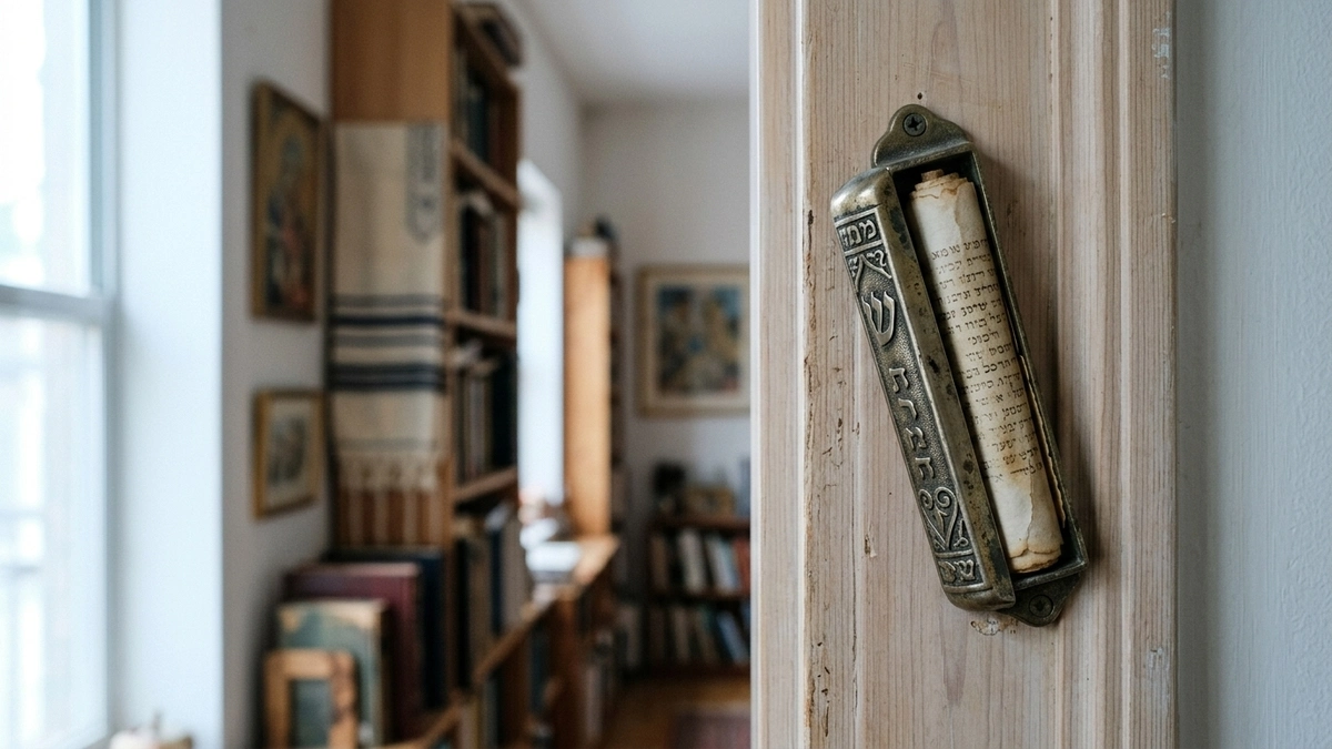 Aged silver mezuzah case slightly open on a wooden doorpost revealing a yellowed parchment scroll with faded Hebrew text, with seforim shelves blurred in the background