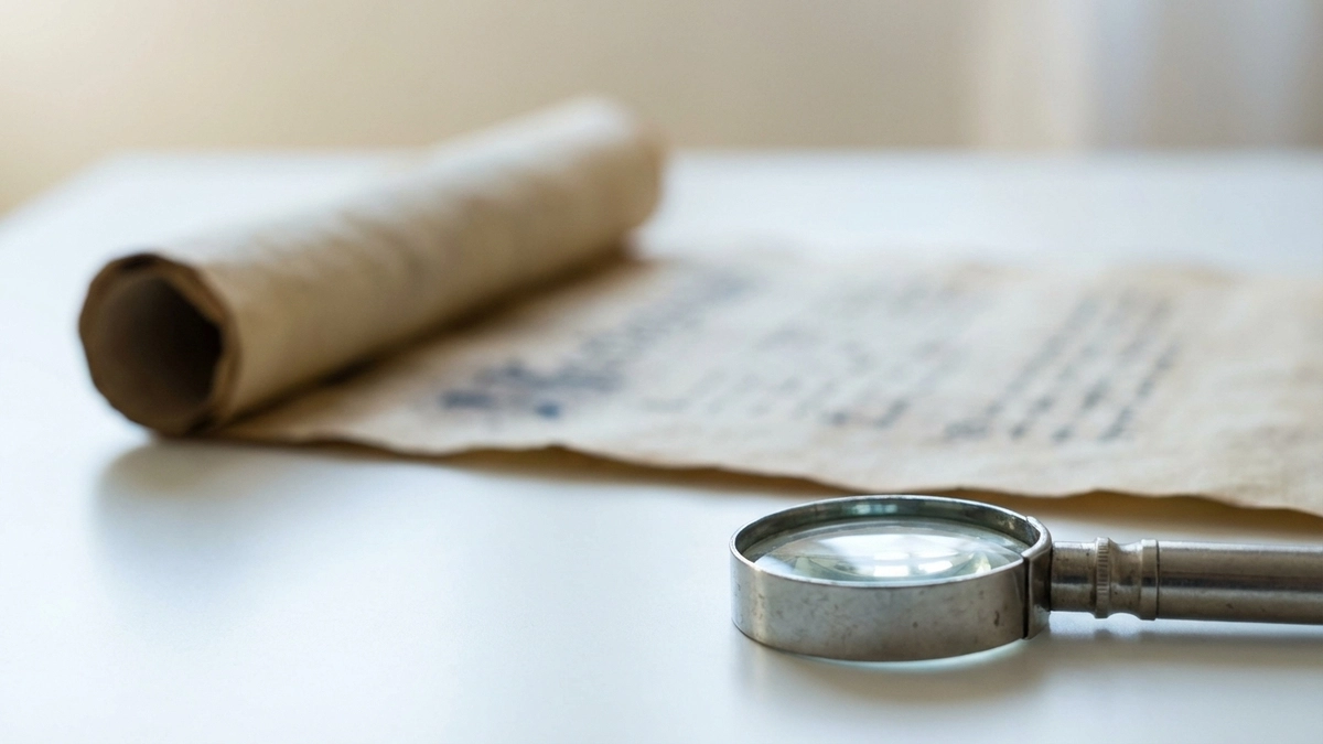 Aged parchment scroll partially unrolled on a white surface with faded ink strokes blurred in the background and a silver magnifying glass in sharp focus in the foreground