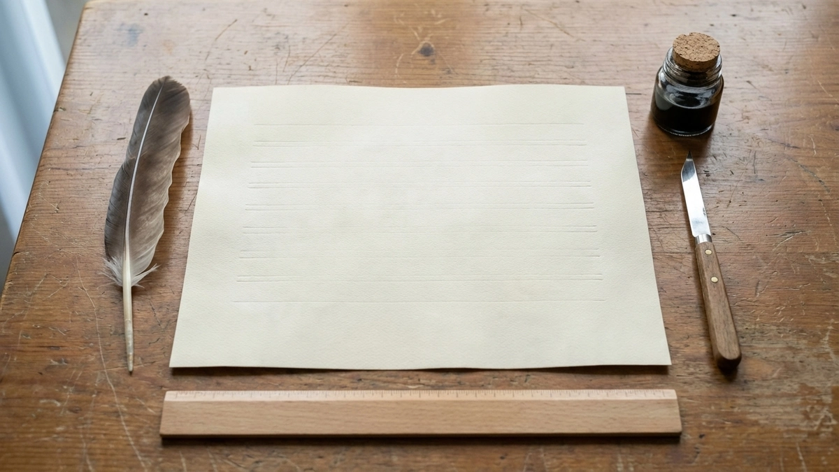 Sofer's workspace viewed from above showing a blank klaf parchment with scored sirtut lines, a feather quill, a glass bottle of black ink, a scraping blade, and a wooden ruler on a weathered desk