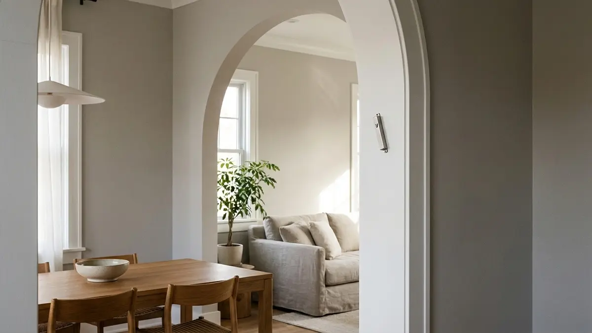 Silver mezuzah case mounted on the right side of an arched doorway connecting a dining room with a wooden table to a sunlit living room with a linen sofa and green plant