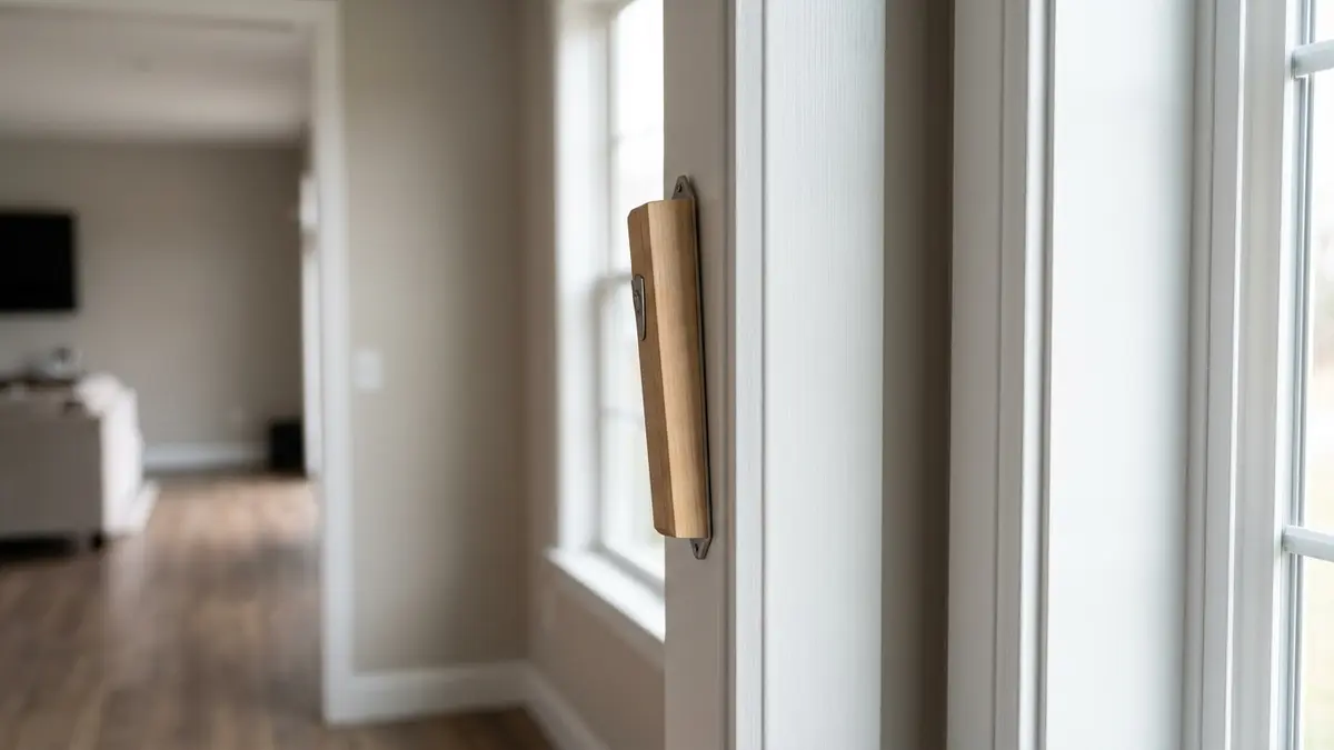 Wooden mezuzah case mounted at the upper third of a white doorpost beside a window with a softly lit living room in the background