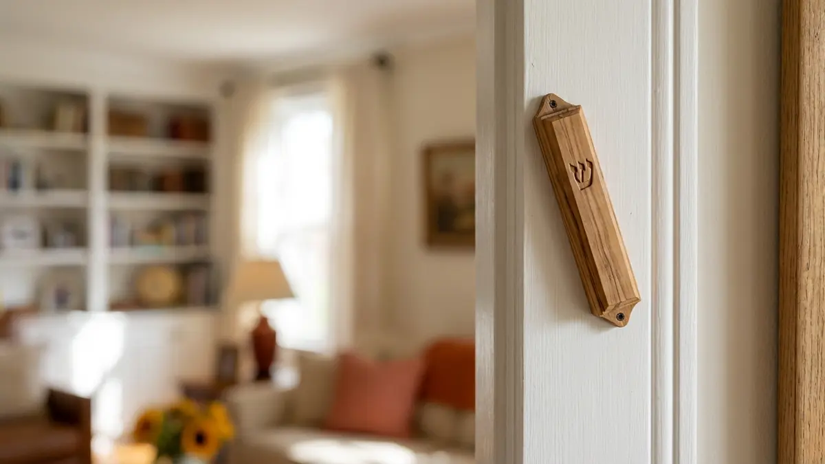 Olive wood mezuzah case with carved shin mounted at a slant on a white doorpost with a sunlit living room featuring bookshelves and flowers in the background