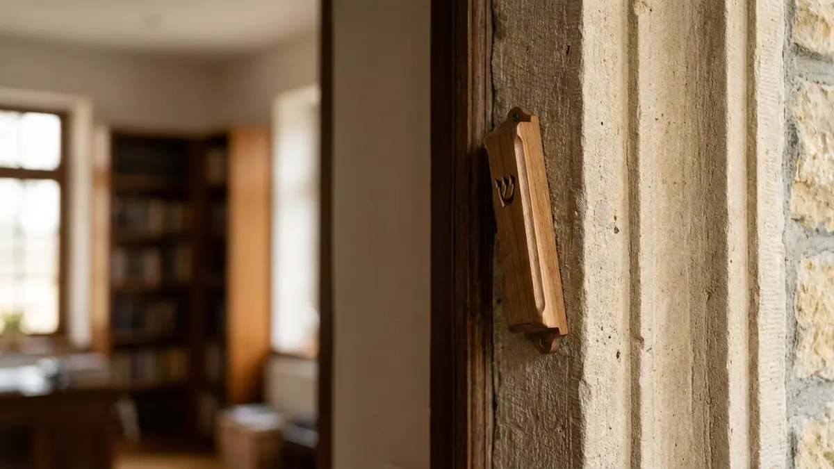 Wooden mezuzah case with carved shin mounted on a deep stone door frame at the entrance to a room with bookshelves and natural light