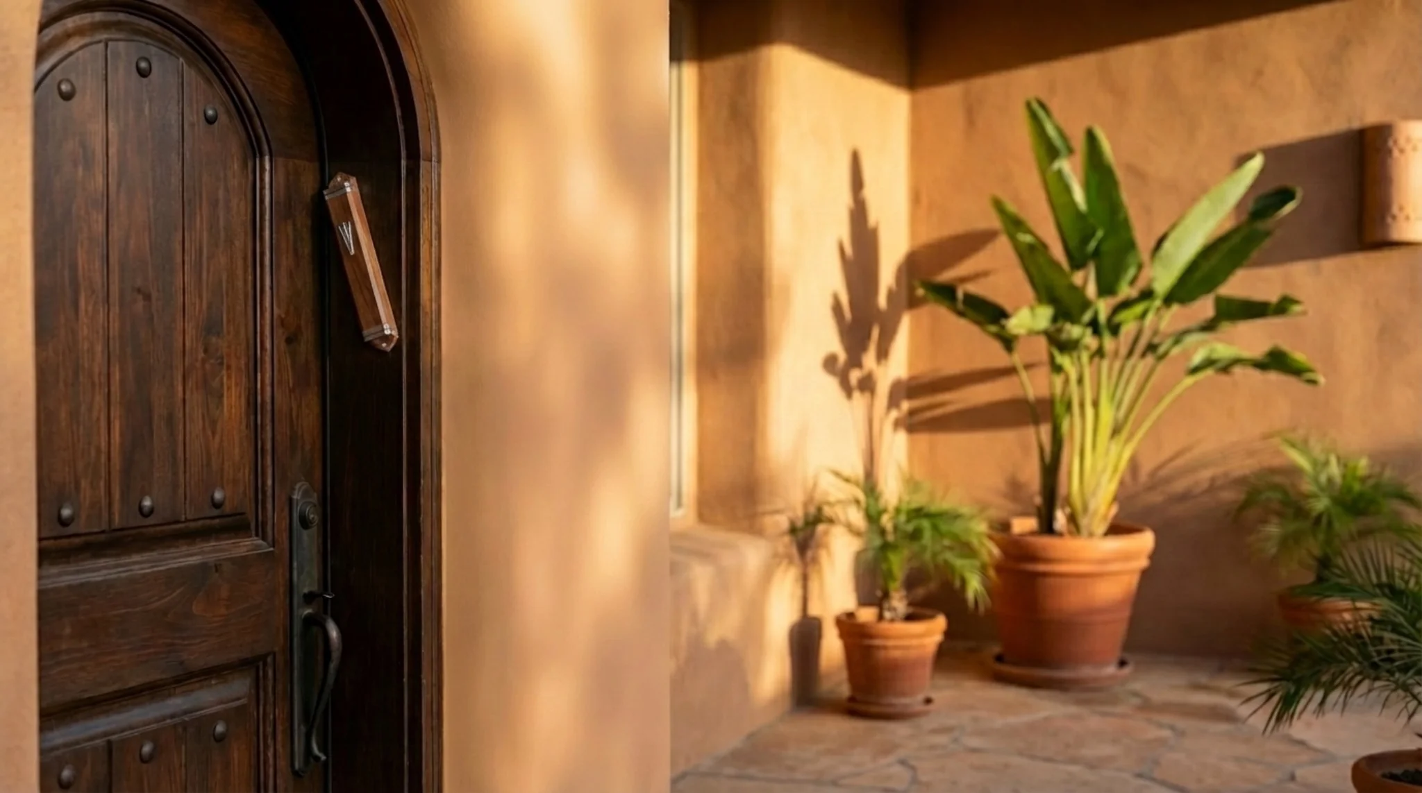 Kosher mezuzah on front door in Phoenix home entrance showing proper placement and sunlight exterior