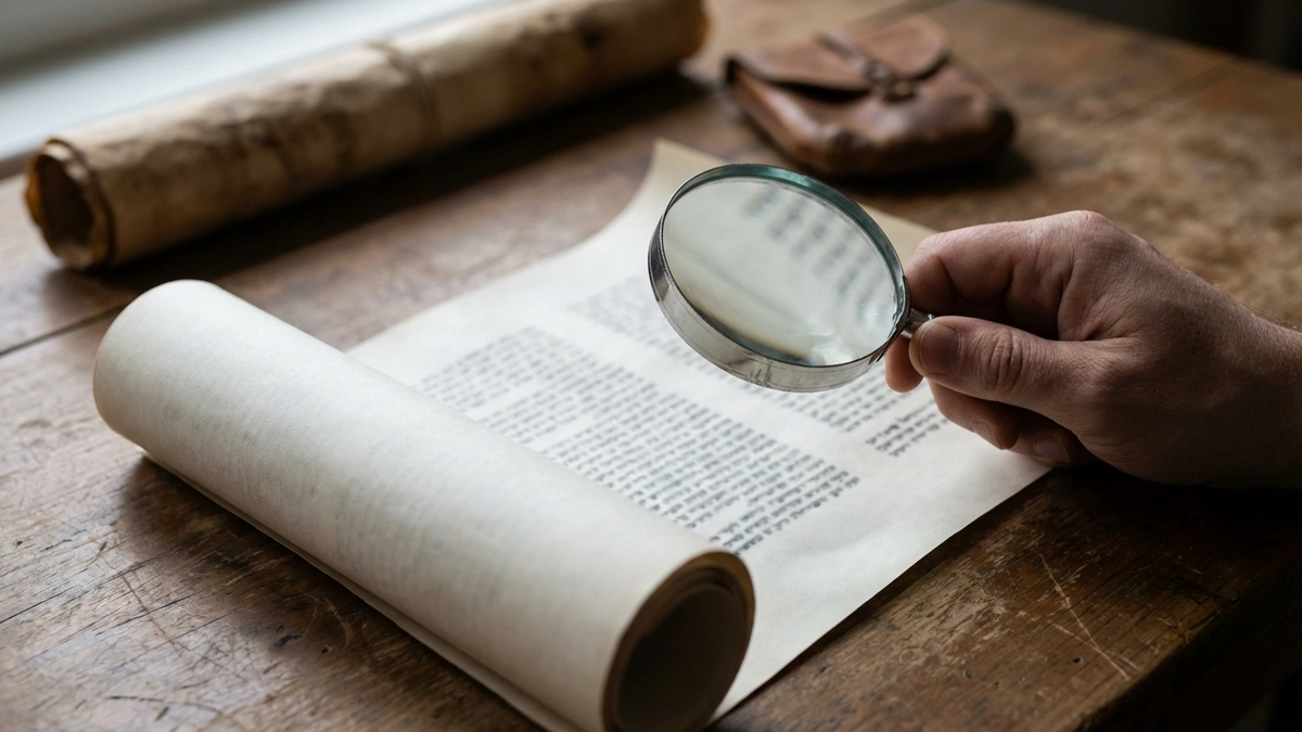 Hand holding a magnifying glass to inspect text on an unrolled parchment scroll on a wooden desk with a leather pouch nearby
