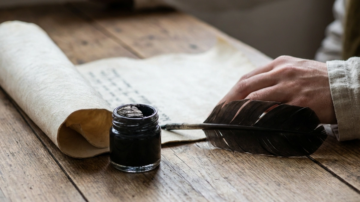 Sofer's hand resting on a parchment scroll beside a glass inkwell and feather quill on a wooden writing desk