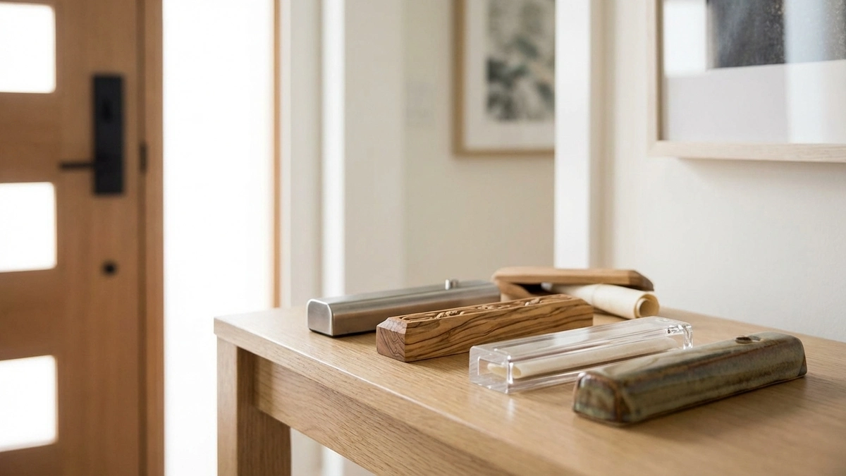Several mezuzah cases in different materials including olive wood, brushed metal, clear acrylic, and ceramic arranged on a wooden table near an open doorway, with a small rolled parchment scroll beside them.