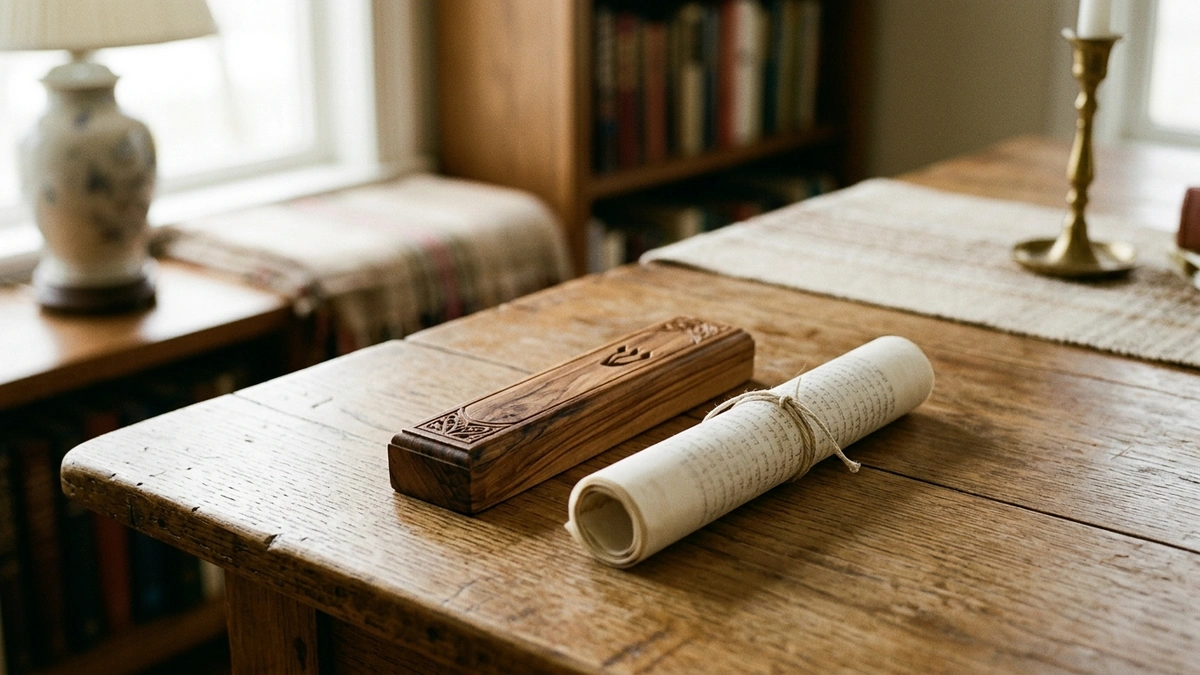 A carved wooden mezuzah case with the letter Shin next to a rolled parchment scroll tied with string on a rustic wooden table in a warm Jewish home setting with seforim and a brass candlestick in the background