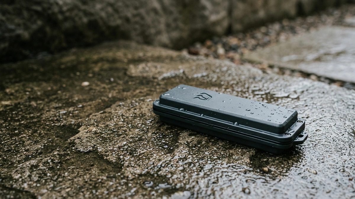A sealed waterproof mezuzah case with the letter Shin lying on wet stone pavement covered in rain droplets, demonstrating weather-resistant protection for an outdoor mezuzah scroll