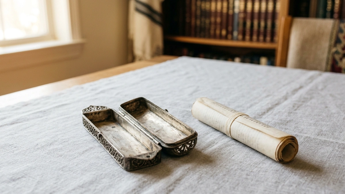 An antique silver mezuzah case with ornate filigree detailing opened on a linen-covered table beside a rolled parchment scroll, illustrating the question of whether an old mezuzah case can be reused with a new klaf