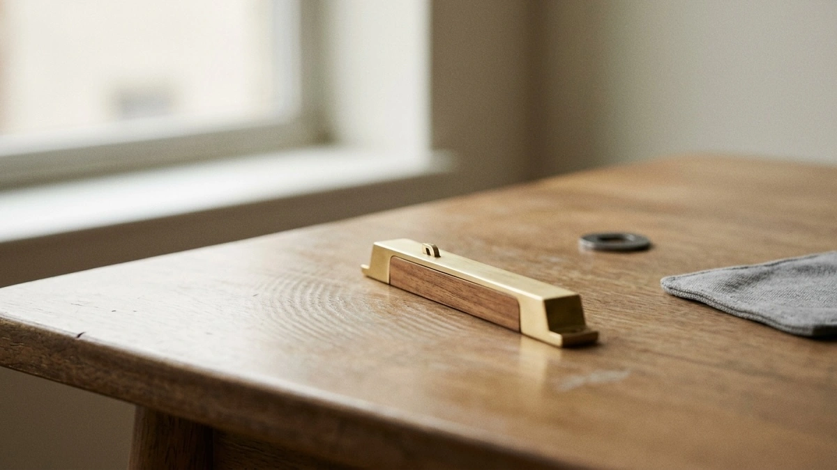 A small brass and wood mezuzah case resting loosely on a wooden surface beside mounting hardware, illustrating the concern of whether door vibrations and slamming can damage a mezuzah scroll over time