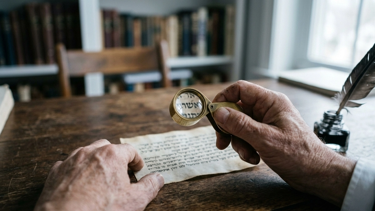 A sofer inspects the Hebrew lettering on a mezuzah scroll with a brass magnifying loupe at a wooden desk, with a feather quill resting in an inkwell and a bookshelf of seforim in the background
