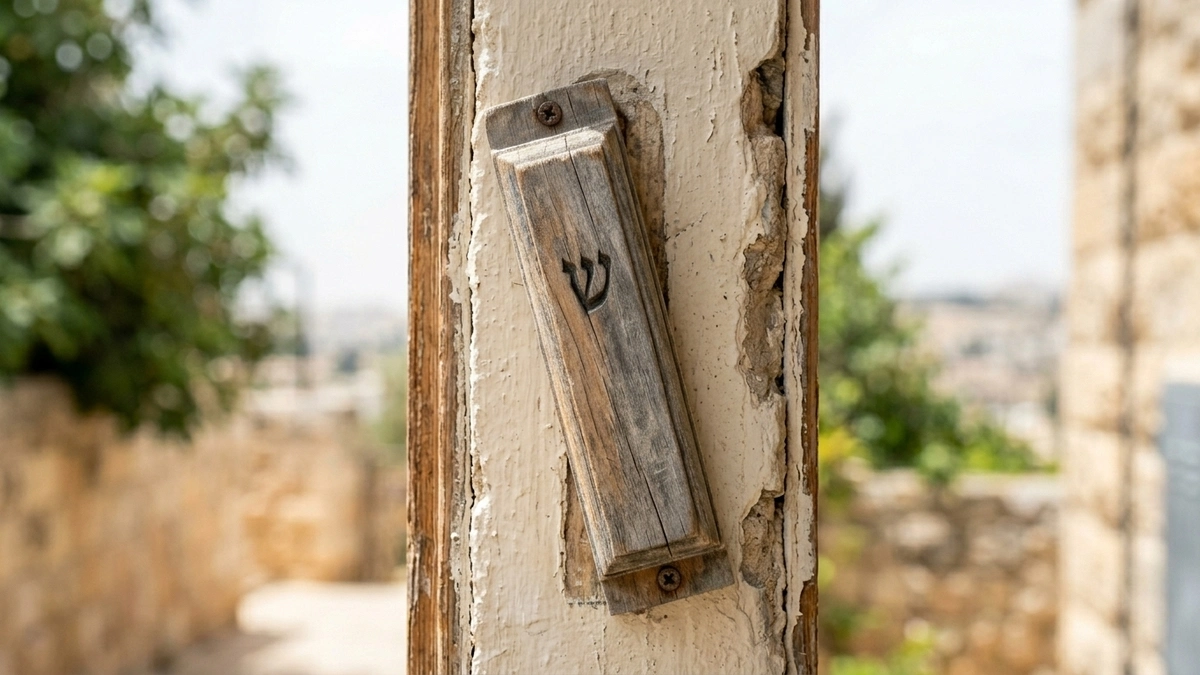 A weathered wooden mezuzah case engraved with the letter Shin mounted on a cracked, sun-bleached doorpost with peeling paint, set against a blurred stone courtyard in the Jerusalem sunlight