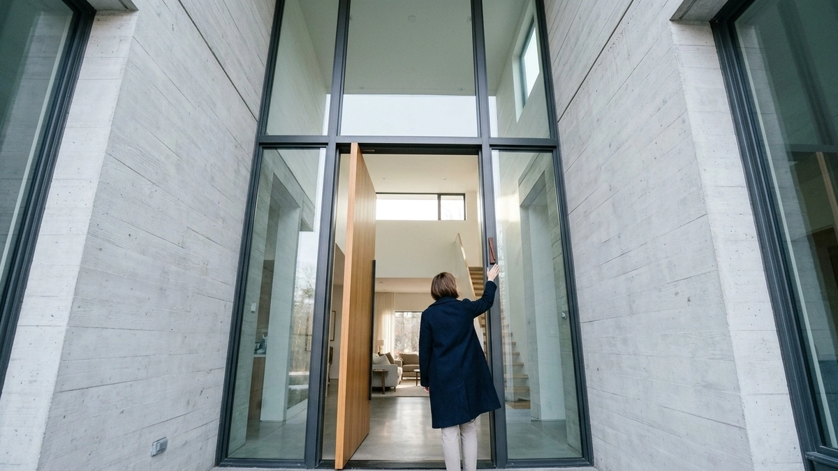 A woman in a navy coat stands at the threshold of a modern home with an oversized pivot door and extra-tall doorframe, reaching upward toward the upper third of the doorpost to affix a mezuzah
