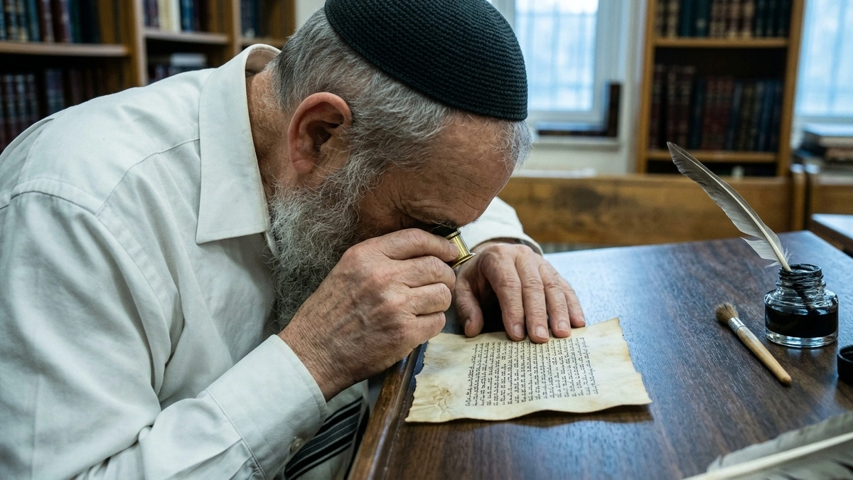 An elderly sofer wearing a kippah leans over a mezuzah scroll on a wooden desk, examining the Hebrew letters closely through a brass jeweler's loupe, with a feather quill and inkwell beside him and shelves of seforim in the background