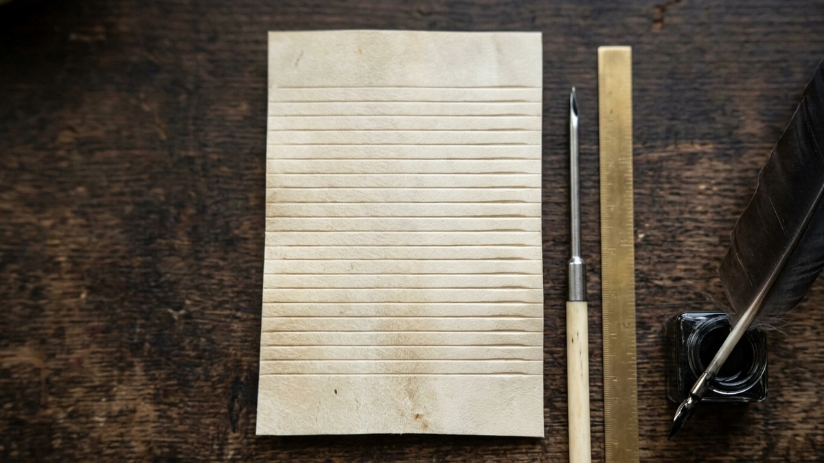 A blank piece of klaf parchment with evenly scored horizontal sirtut lines laid flat on a dark wooden desk beside a metal stylus, wooden ruler, feather quill, and open inkwell
