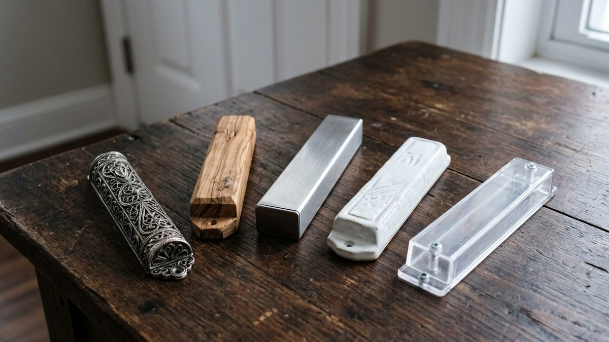 Five mezuzah cases made from different materials lined up on a rustic wooden table — ornate silver filigree, natural olive wood, brushed stainless steel, white ceramic with an embossed Shin, and clear acrylic — illustrating the range of case options and ho