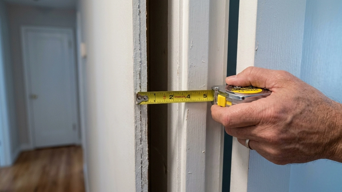  A hand holds a yellow Stanley tape measure across the width of a painted wooden doorpost to check whether it meets the minimum size requirement for mezuzah placement, with a hallway and hardwood floors visible in the background