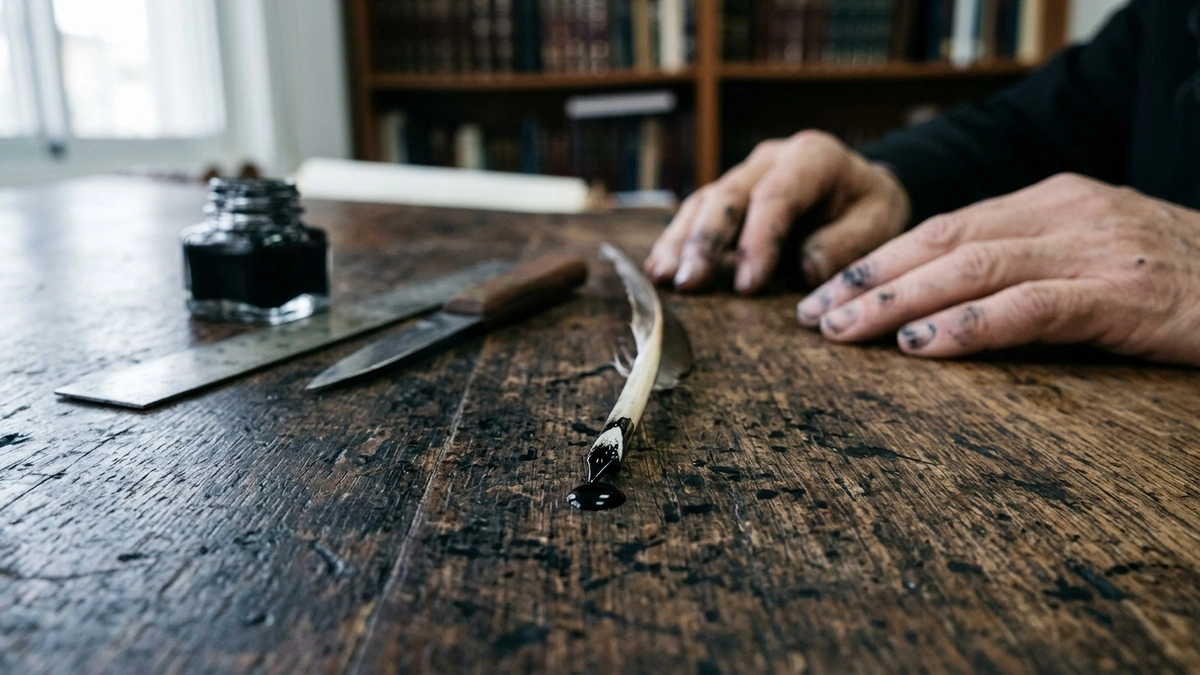 Close-up of a sofer's ink-stained hands resting on a worn wooden desk beside a feather quill with a fresh drop of black ink pooling at the nib, with an open inkwell, scraping knife, and shelves of seforim in the soft background