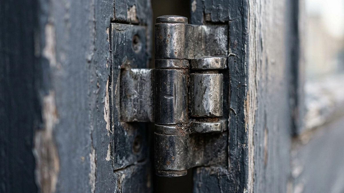 Extreme close-up of a worn iron barrel hinge mounted on a weathered dark-painted wooden door and frame, showing the pivot point that determines the heker tzir used in halacha to identify which side of a doorway receives the mezuzah