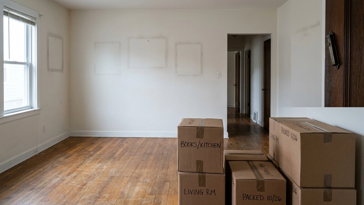 An empty room with worn hardwood floors and bare walls showing faded outlines where pictures once hung, with labeled moving boxes stacked near the front door and a hallway of open doorways visible in the background, raising the halachic question of whether