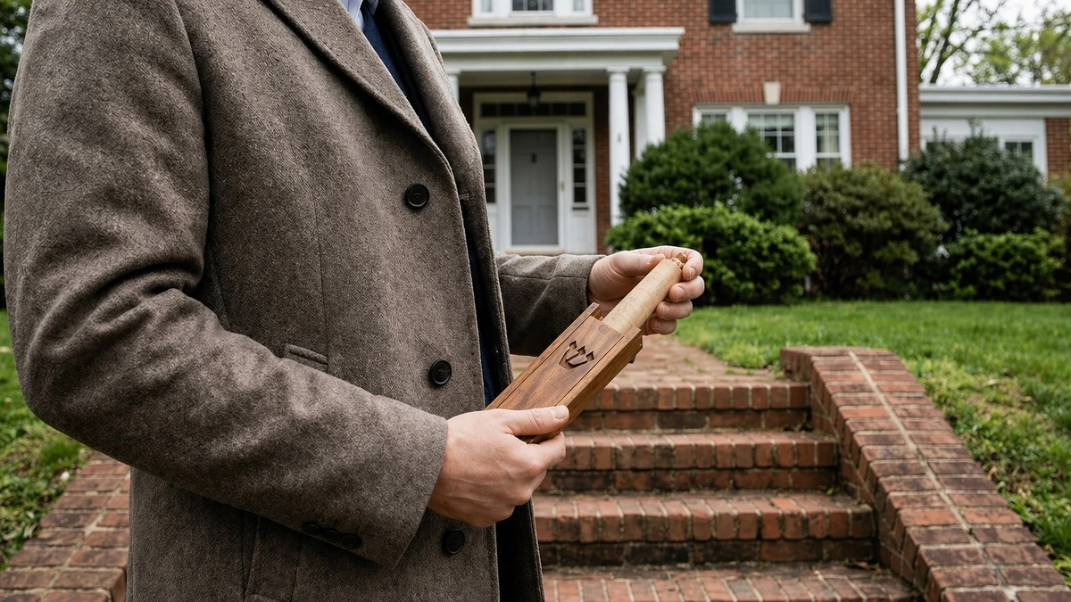A man in a tweed overcoat holds a rolled kosher mezuzah scroll partially inserted into a wooden case engraved with the letter Shin, standing in front of a red-brick Colonial-style Baltimore home with white columns and brick steps