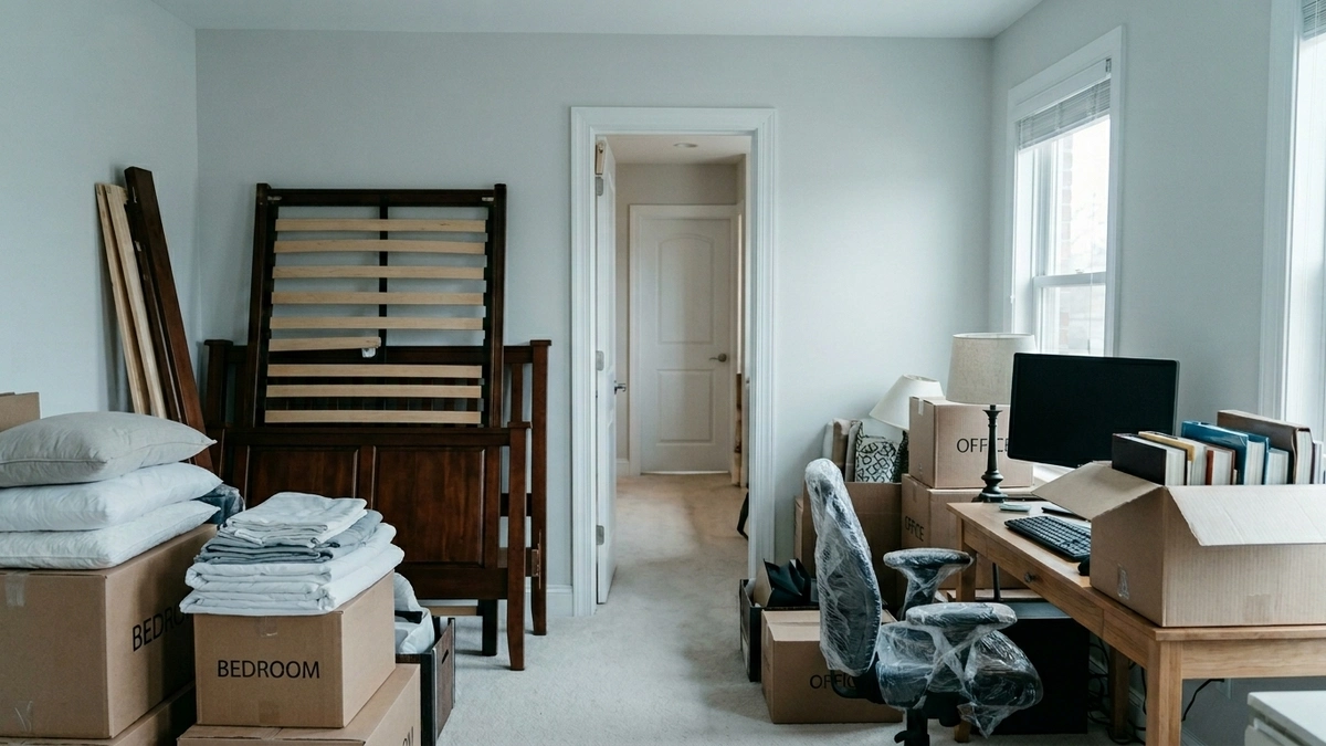 A room in transition with a disassembled bed frame and labeled bedroom boxes on one side and a desk, monitor, plastic-wrapped office chair, and boxes marked office on the other, with an open doorway in the center, illustrating the halachic question of whet