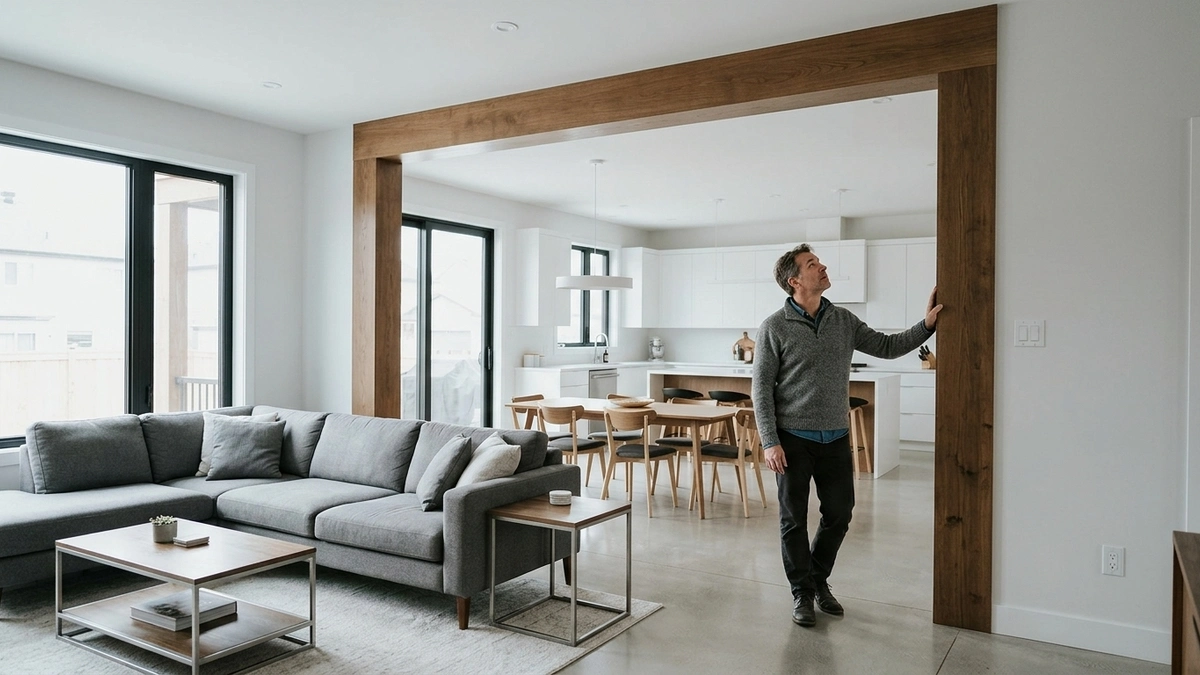 A man in a gray sweater looks up at a wide wooden beam archway separating a living room with a sectional sofa from an open dining area and white kitchen in a modern open-concept home, illustrating the halachic question of whether a structural opening witho