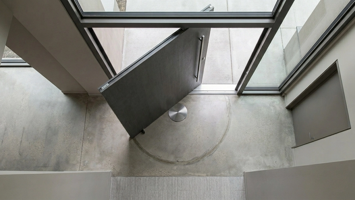 Bird's-eye view looking down at a large dark pivot door swinging open on a floor-mounted center pivot with an arc etched into the polished concrete floor, set within a glass-and-steel entryway, illustrating the halachic question of mezuzah placement on piv