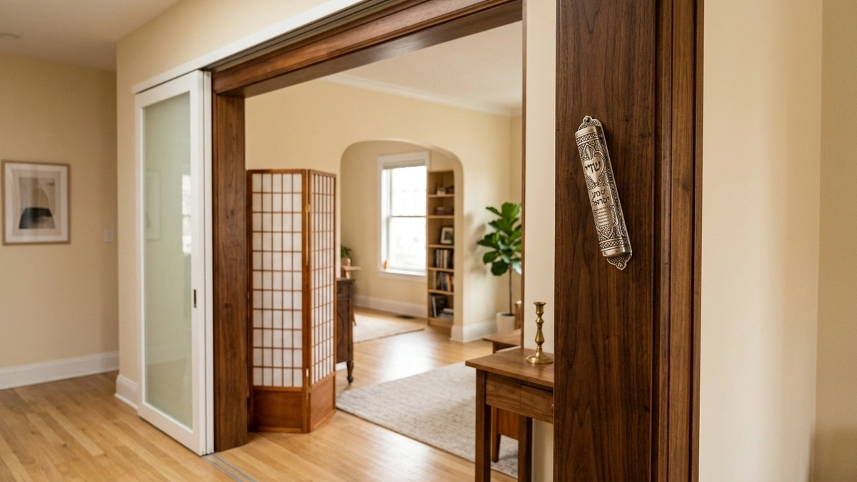 An ornate silver mezuzah case inscribed with Shaddai and Shema Yisrael mounted on a dark walnut sliding partition doorpost, with a frosted glass pocket door retracted to the left and a Japanese shoji screen, arched doorway, and bookshelf visible in the war