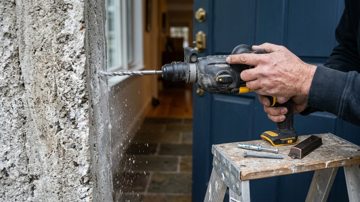 A man drills into a rough stone doorpost with a cordless hammer drill and masonry bit, sending concrete dust flying, with anchor bolts and a mezuzah case resting on a wooden step stool beside a navy blue front door