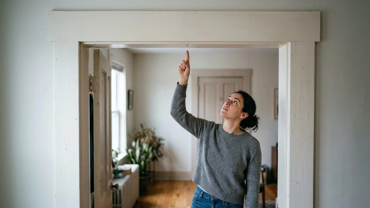 A woman in a gray sweater stands in a white-trimmed interior doorway and points upward at the horizontal wooden lintel spanning the top of the frame, checking whether the doorway has the mashkof required for a mezuzah obligation according to halacha