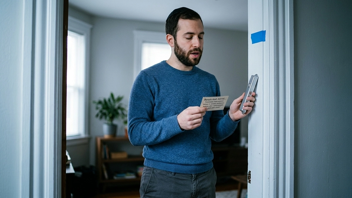 A bearded man wearing a kippah stands in a doorway holding a printed bracha card beginning with "Baruch Atah Adonai" in one hand and a mezuzah case in the other, with blue painter's tape marking the placement spot on the white doorpost