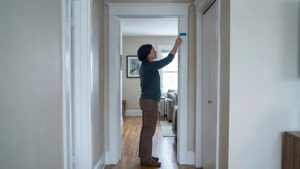 A woman wearing a navy tichel and gray sweater stands in a white hallway and reaches up to press a piece of blue painter's tape on the upper third of the right doorpost, marking the correct height for mezuzah placement, with hardwood floors and additional 
