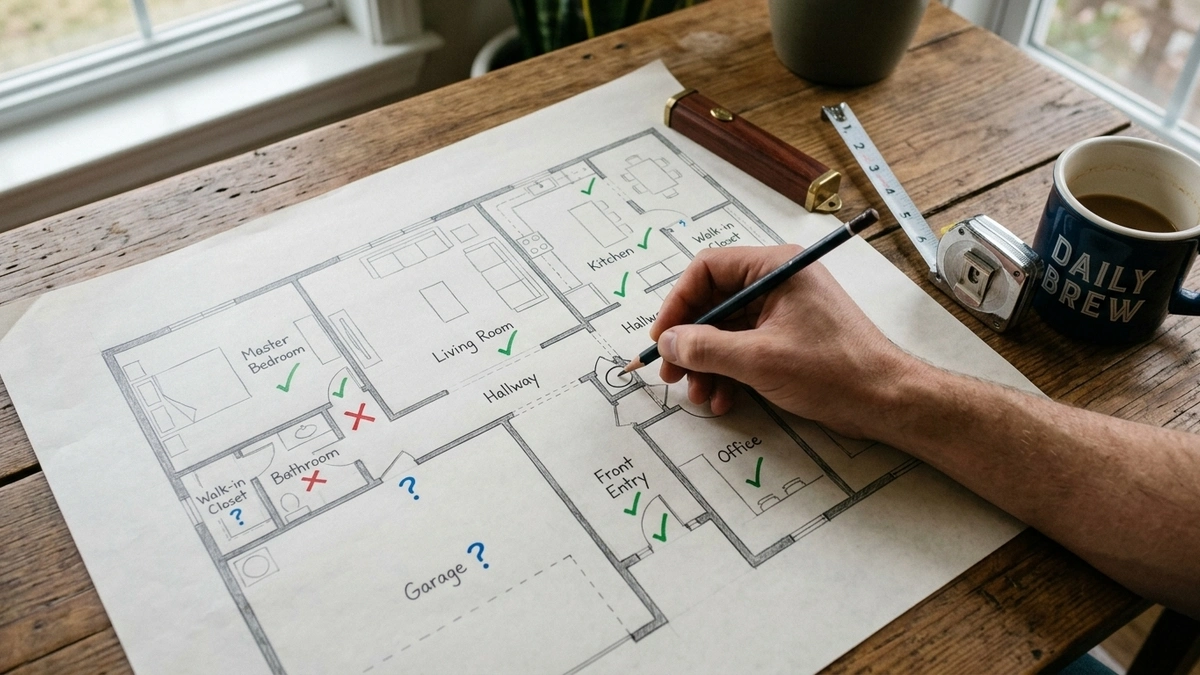 A hand holds a pencil over a detailed floor plan spread out on a rustic wooden table, with green checkmarks on rooms that require a mezuzah like the master bedroom, kitchen, front entry, and office, red X marks on the bathroom, and blue question marks on t