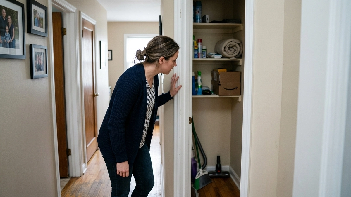 A woman in a navy cardigan leans into a small hallway closet filled with cleaning supplies, a blanket, and household items, with family photos on the wall and additional doorways visible down the corridor, illustrating the halachic question of when a space