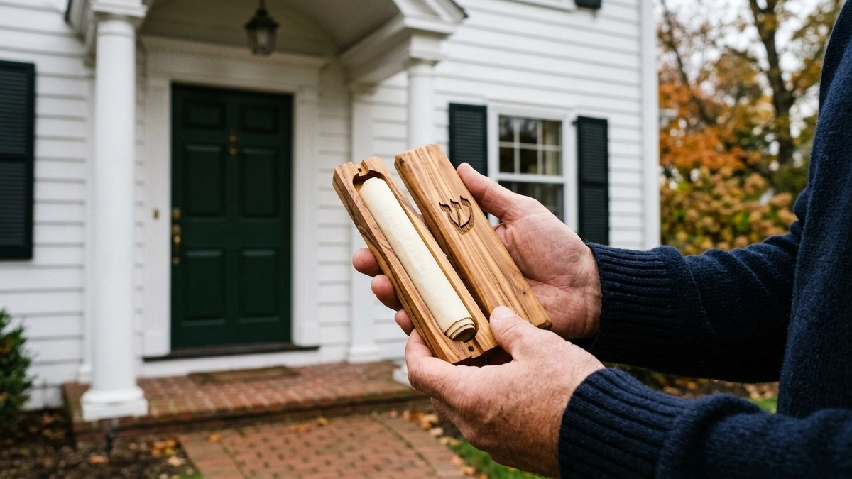 A man in a navy sweater holds an open olive wood mezuzah case with a rolled kosher scroll inside, standing in front of a white clapboard New England Colonial home with a dark green front door, columns, shutters, and autumn foliage in Hartford