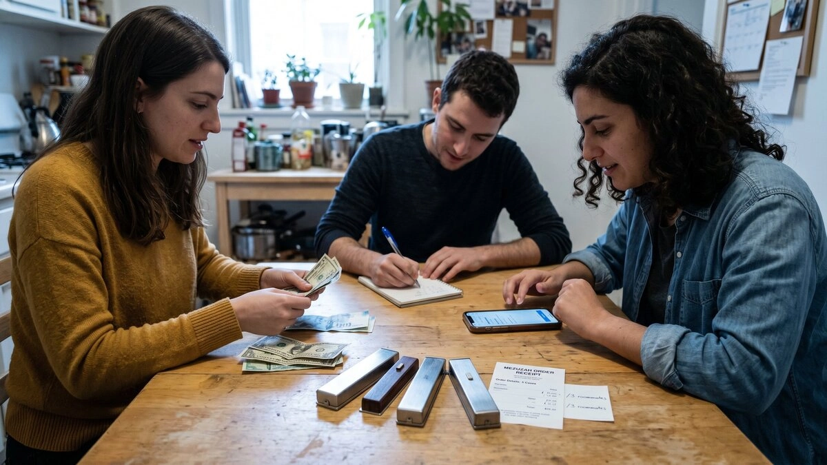 Three roommates sit around a wooden kitchen table splitting the cost of mezuzahs — one counts cash, another writes in a notebook, and the third checks a phone calculator — with four mezuzah cases in different materials and a printed mezuzah order receipt b