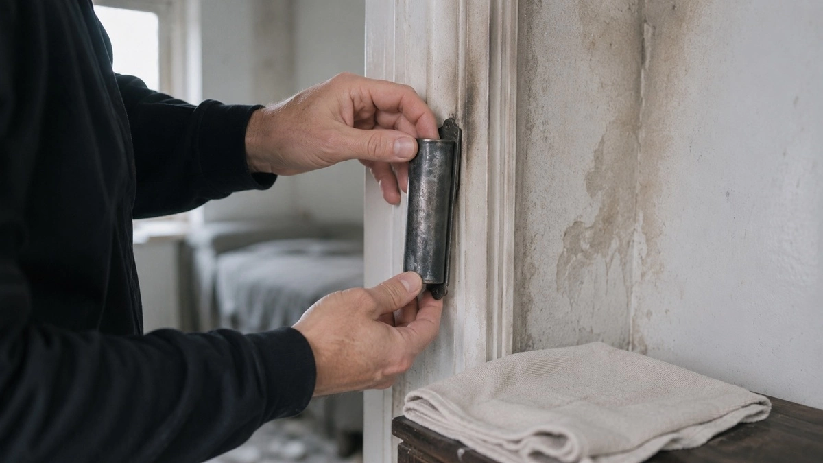 A man in a black sweater carefully removes a tarnished metal mezuzah case from a white doorpost stained with water damage and mold, with a damp cloth on a side table and a bedroom visible through the doorway in the background