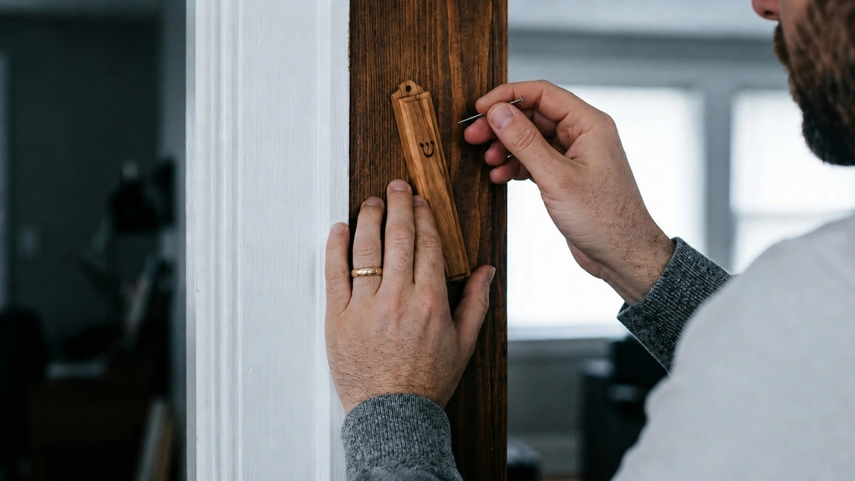 A man's hands affix a small olive-wood mezuzah case to a dark wooden doorpost, holding it in place with one hand while positioning a nail with the other.