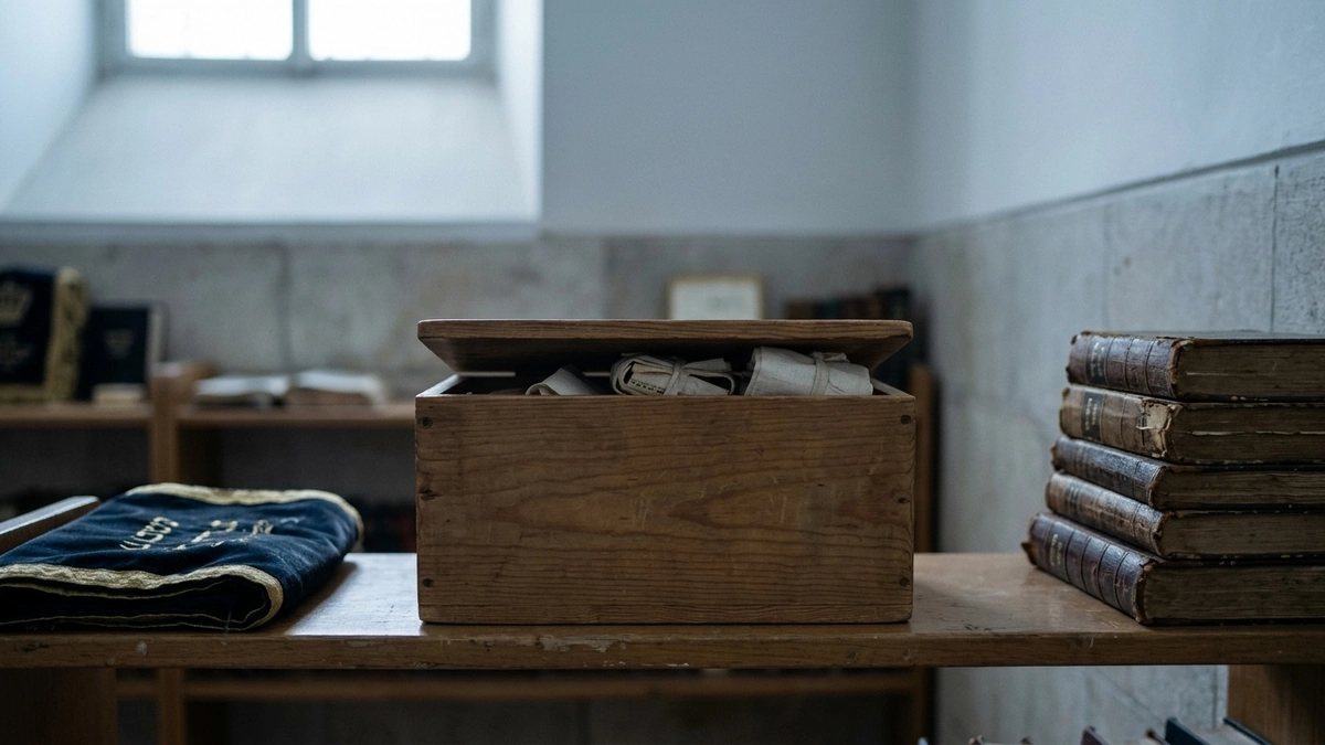 A wooden genizah box with its lid ajar sits on a shelf in a shul, filled with folded cloth-wrapped scrolls awaiting proper burial, flanked by a navy velvet tefillin bag on the left and a stack of worn leather-bound seforim on the right, with a small window