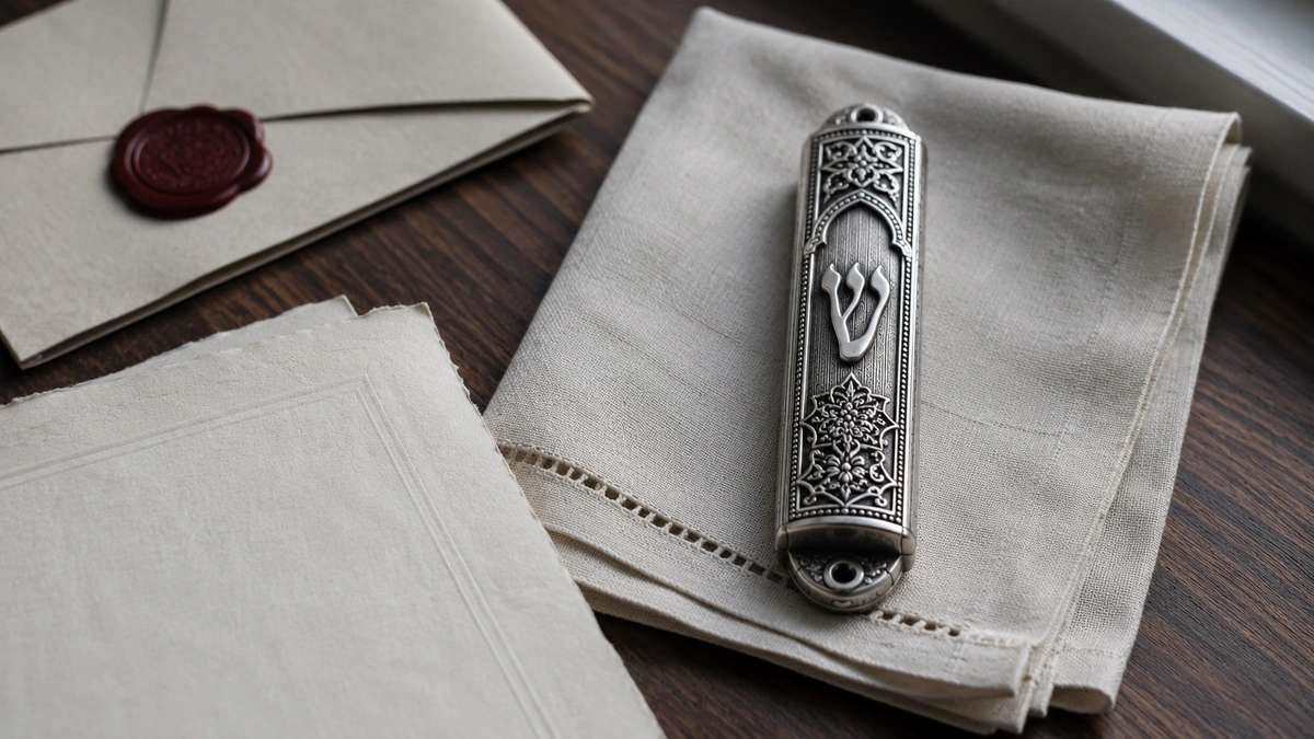 Ornate silver mezuzah case on folded linen beside a wax-sealed envelope and a folded document, representing mezuzah documentation and value protection.